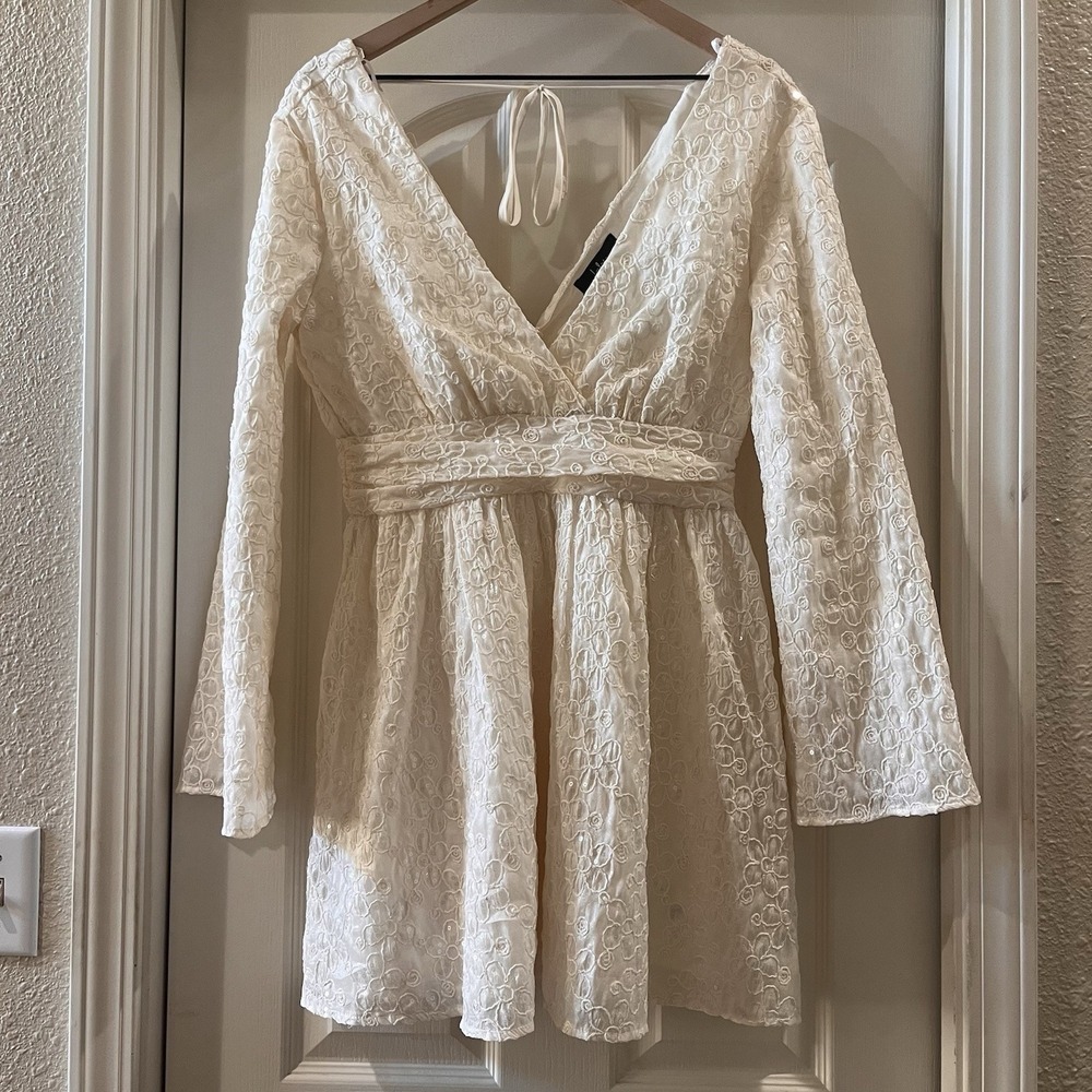 Floral Embroidery Sequin Bell Sleeve Mini Dress Brudal Glam Boho 70s Hippie M